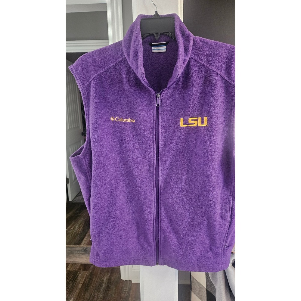 LSU Tigers Columbia Fleece Vest Mens XL Purple Full Zip Sleeveless Jacket NCAA
